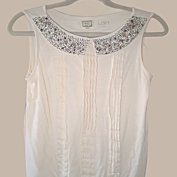 LOFT Ivory Sleeveless Dressy Blouse with Jeweled Collar ~ Pleated Front, Size M - Picture 1 of 5